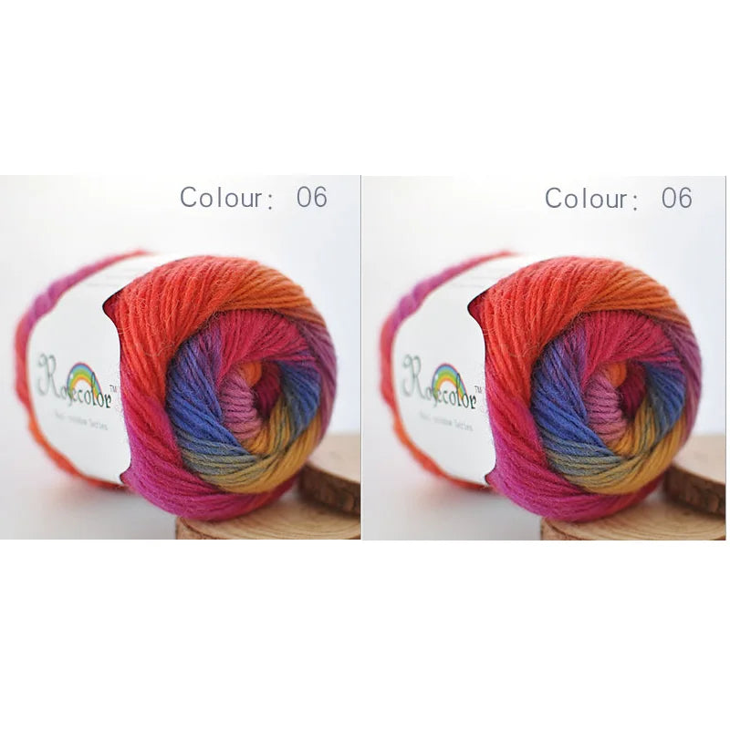 A ball of hand-dyed rainbow merino wool yarn in color 06, showing its vibrant colors and texture.