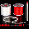 A set of red and white elastic beading cord, including a spool and finished bracelets and necklaces.