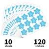 A pack of ten sheets containing 120 blue star-shaped stickers for a baby shower