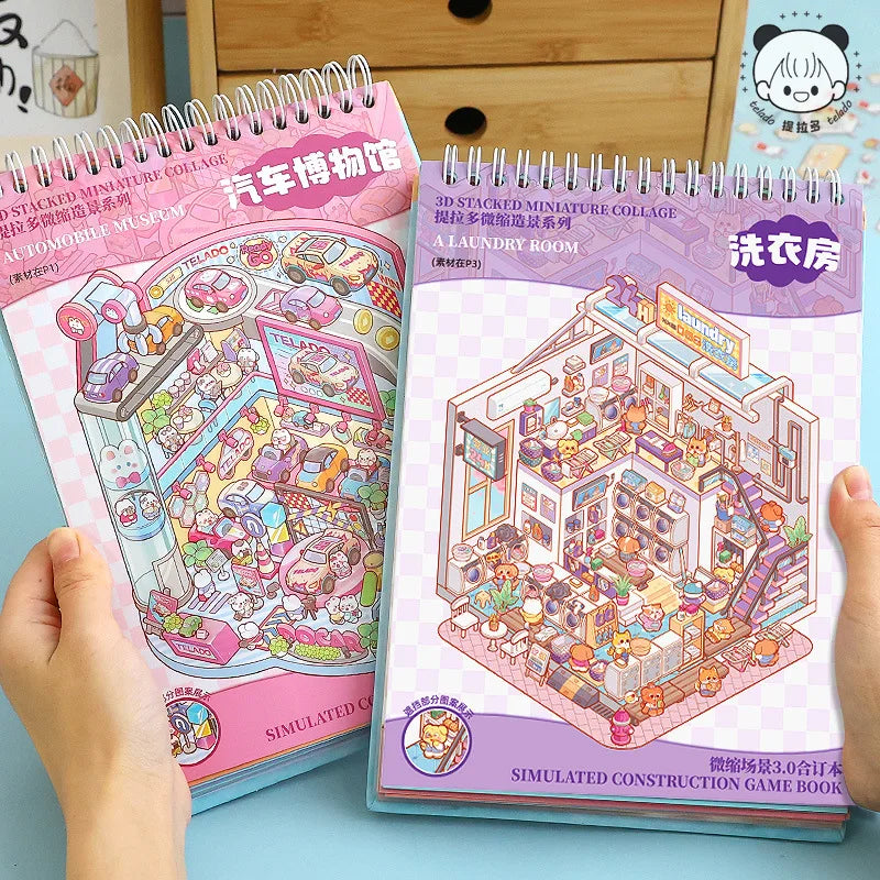 A pink and purple 3D stacked miniature collage book titled Simulated Construction Game Book for scrapbooking.