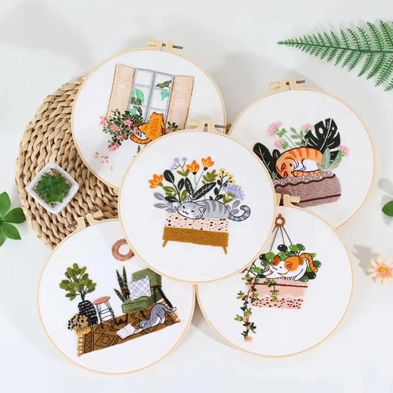 Beginner Embroidery Kit with Floral and Cat Patterns
