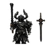 A black magnetic metal figurine of an adjudicator with horns and a sword.