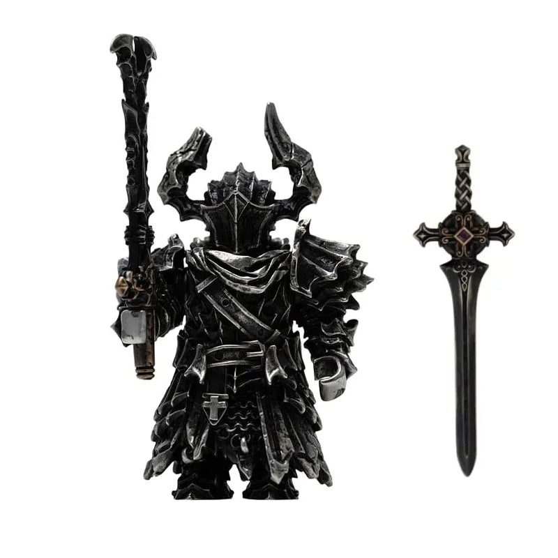 A black magnetic metal figurine of an adjudicator with horns and a sword.