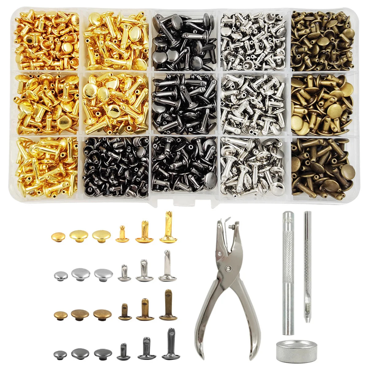 A collection of double cap rivets in various finishes and a set of installation tools for leathercraft and DIY projects.