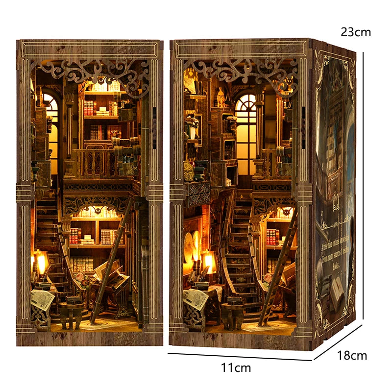 A detailed wooden book nook kit featuring a miniature interior with warm LED lighting and stairs.
