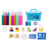 A collection of colorful magic water elf DIY craft kit components including bottles, molds, and tools.