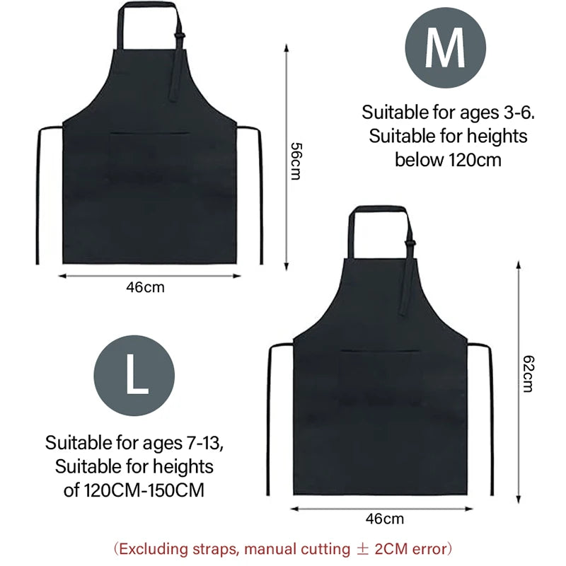 Black kids chef apron with adjustable straps, shown in size M and L.