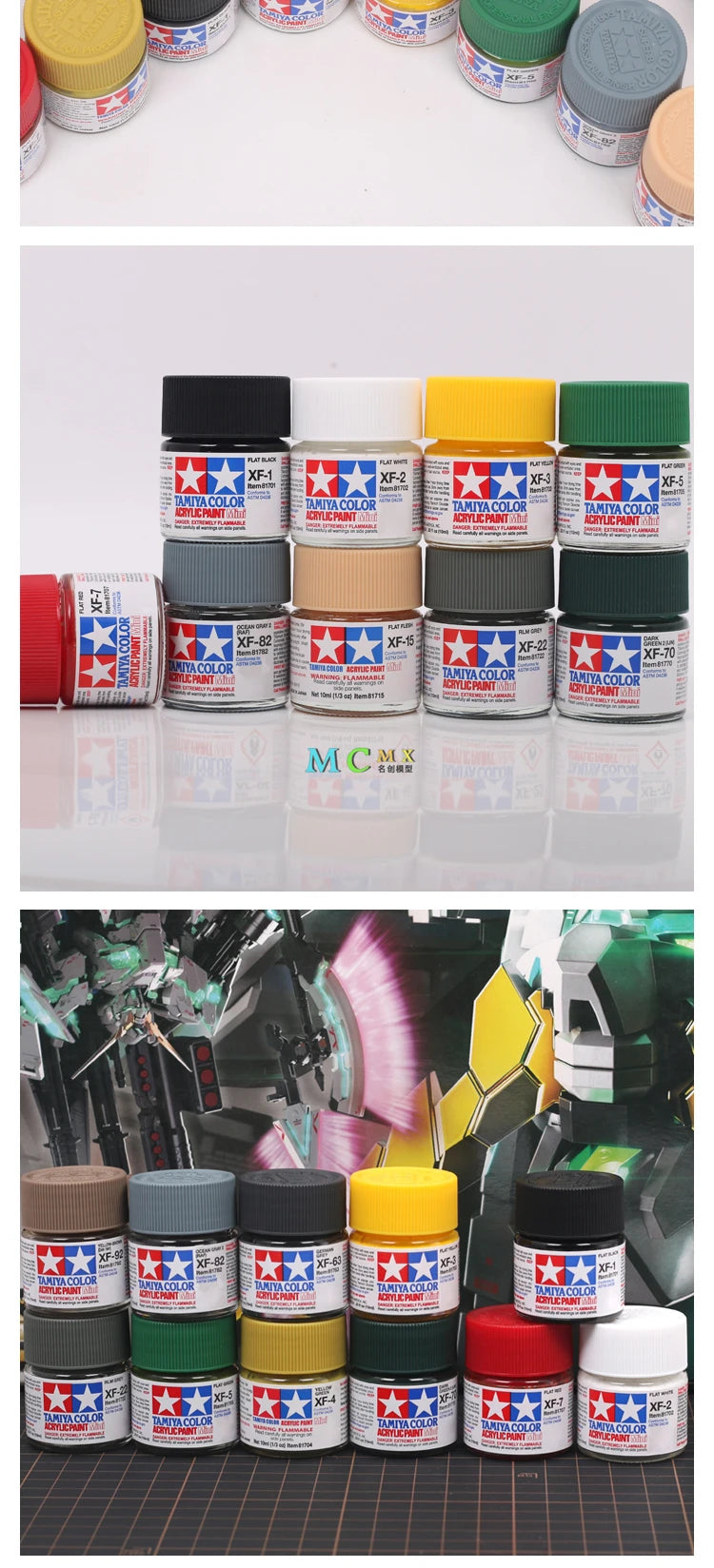 A collection of matte acrylic paint pots in various colors and shades for model kits and miniatures.