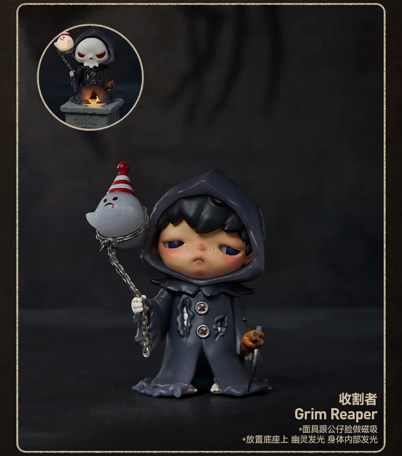 A collectible figure of a dark-haired character wearing a hooded outfit, displayed next to a skull monster figure.
