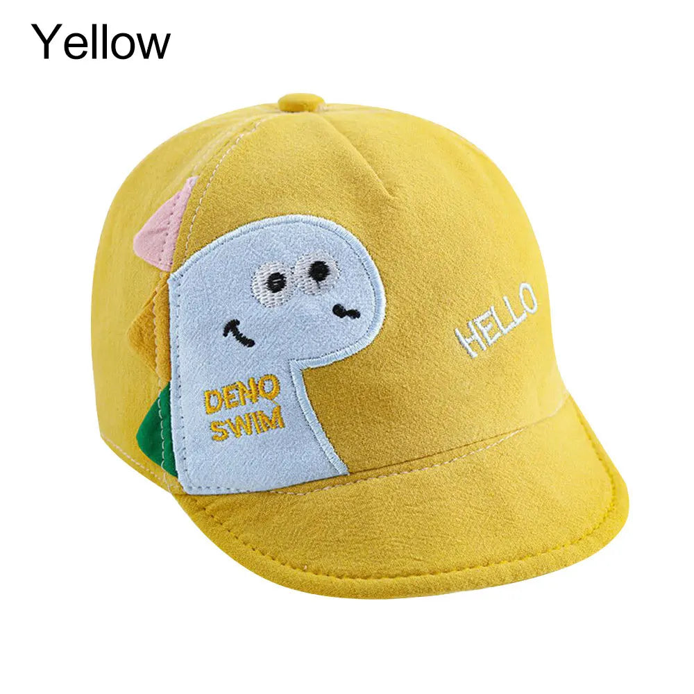 A yellow baby cotton baseball cap featuring a cute light blue rabbit design and the word HELLO.