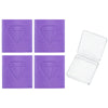 Four purple diamond painting clay pieces with diamond shapes and an open clear plastic storage box