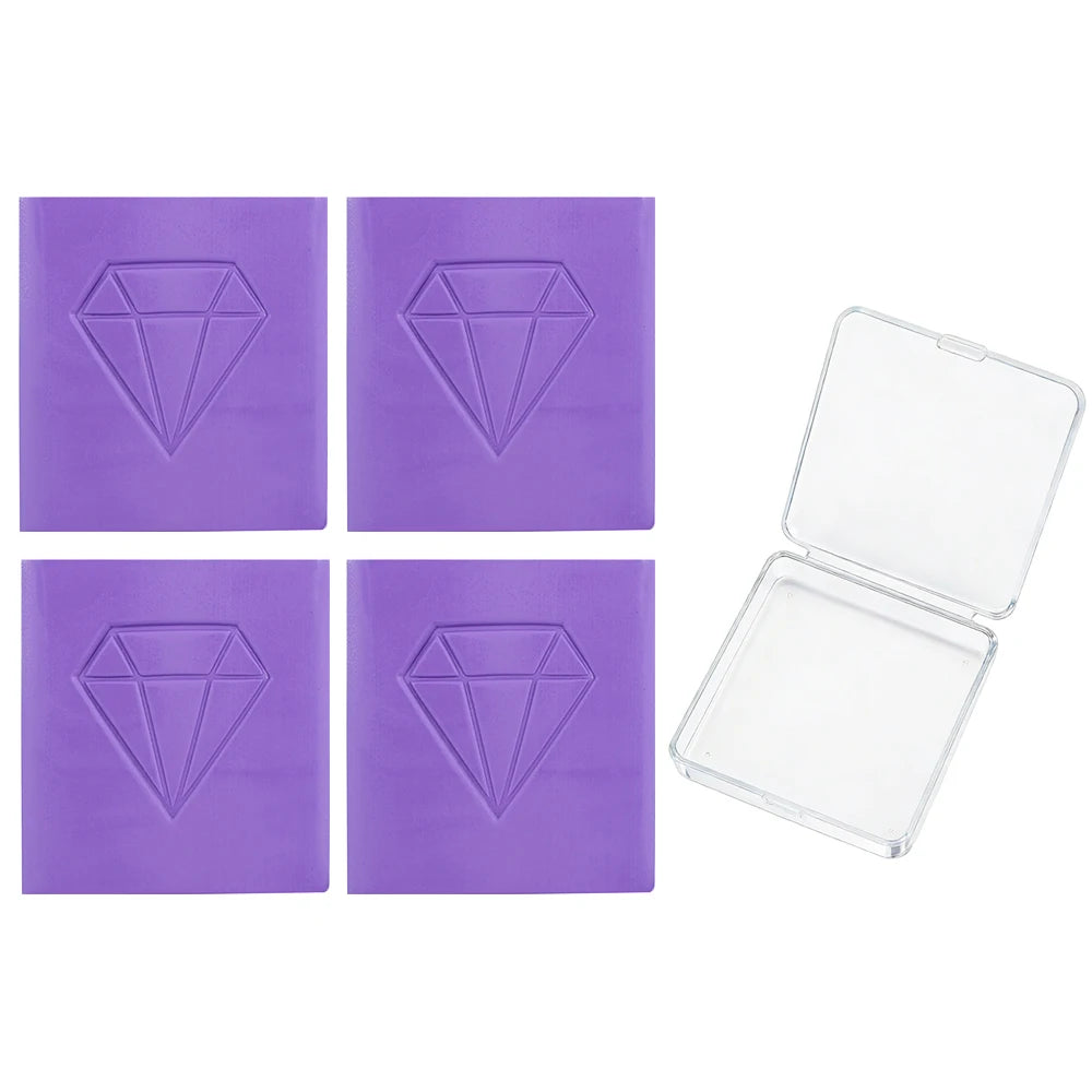 Four purple diamond painting clay pieces with diamond shapes and an open clear plastic storage box