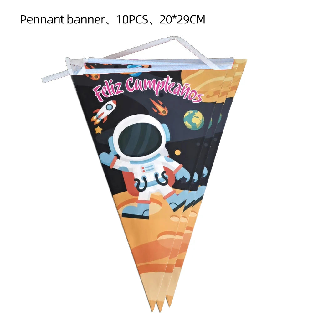 A set of 10 pennant banners featuring an outer space astronaut and celestial elements for a party decoration.