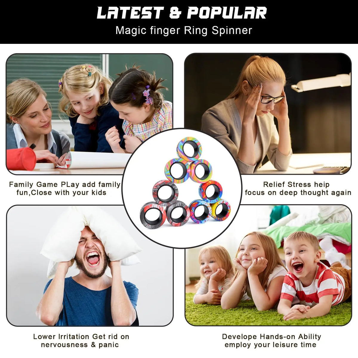 A set of three magnetic fidget spinning rings used for stress relief and focus.