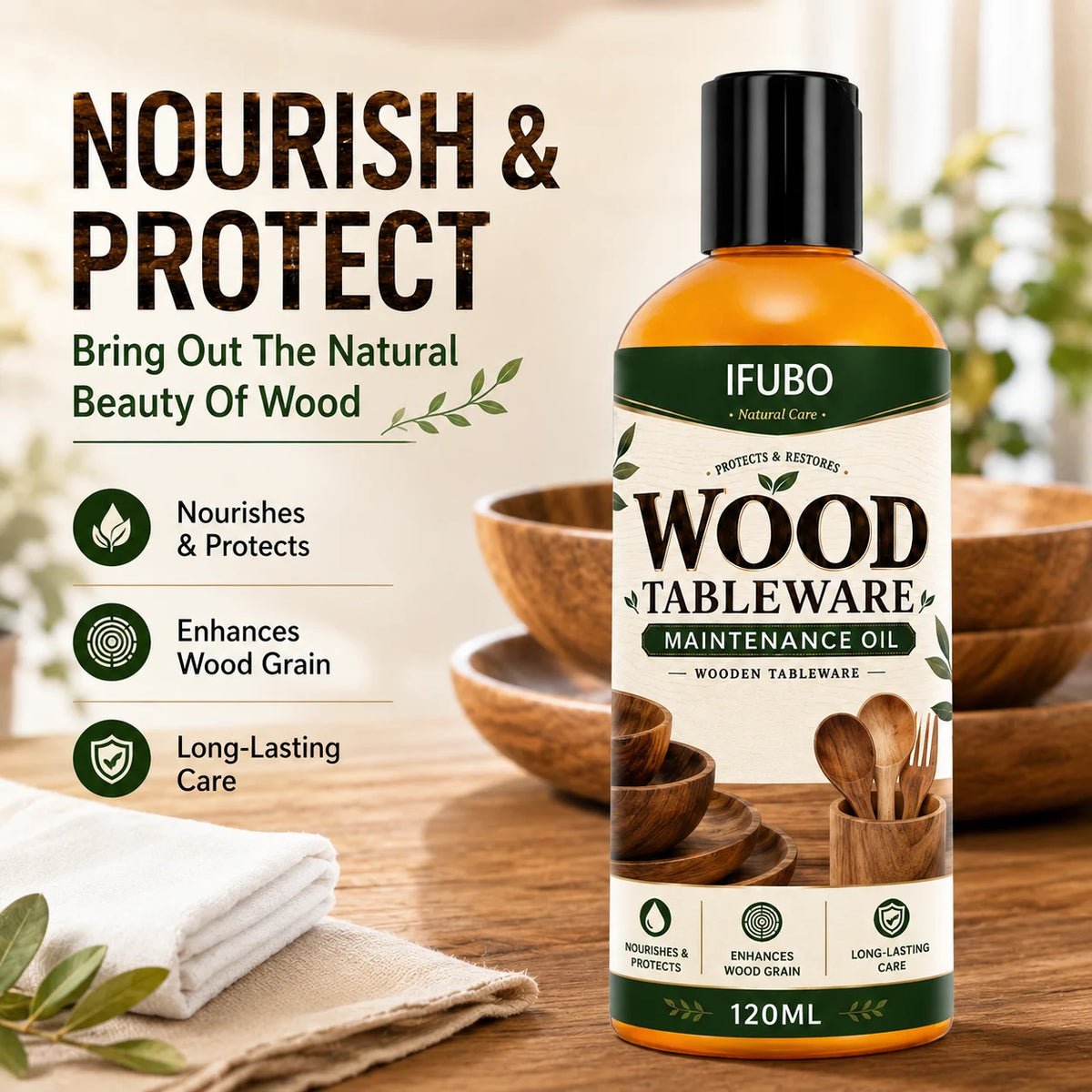 Bottle of IFUBO Wood Tableware Maintenance Oil with wooden utensils and bowls