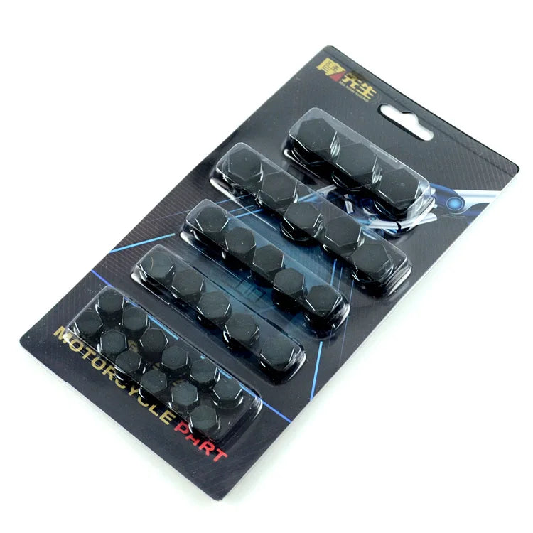 A package containing decorative motorcycle screw cap covers for motorcycle parts.