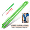 A bright green braiding tool with sparse teeth and a red crochet hook shown next to a fabric swatch.
