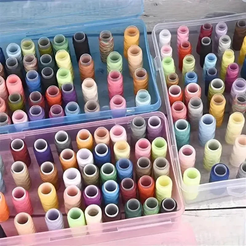 Transparent sewing thread organizer with 42 bobbins and 24 compartments filled with various colored threads