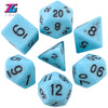 A collection of light blue polyhedral dice showing various numbers and angles for tabletop role-playing games
