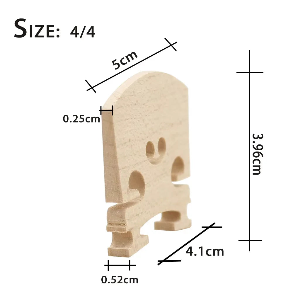 A light wood violin bridge for a 4/4 instrument, showing its dimensions and shape.