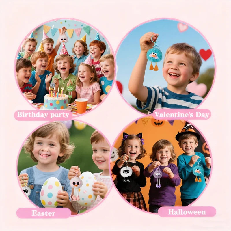 A collage of images showing birthday party, Valentine's Day, Easter, and Halloween themed plush animal keychains.