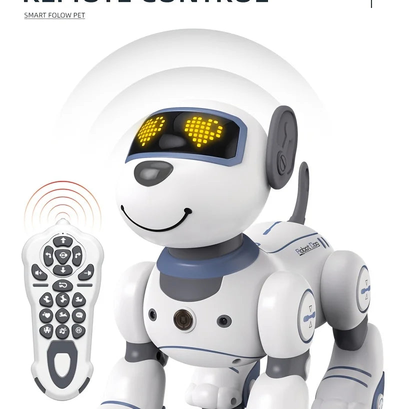 Un robot animal interactif blanc avec des yeux jaunes et un contrôleur est montré.