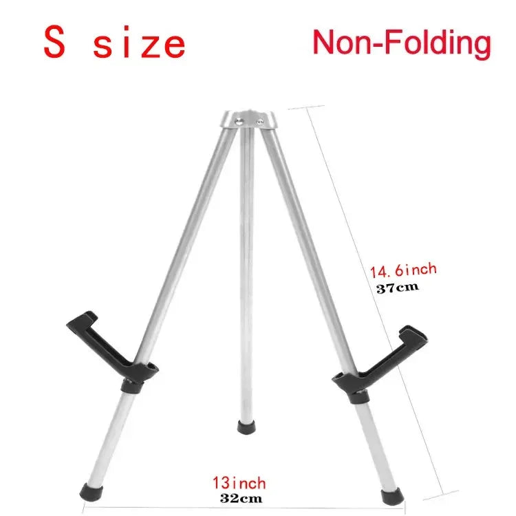 A silver non-folding tripod easel stand with adjustable legs and black grips.