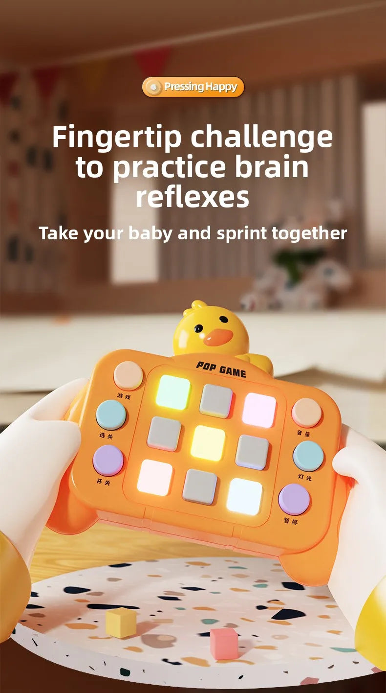 A child's hand is interacting with an orange Montessori busy board featuring light-up switches for a fingertip challenge game