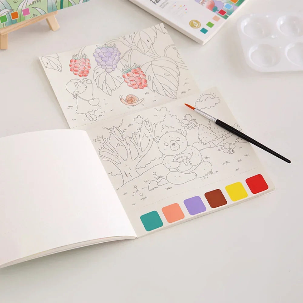 An open watercolor painting book for kids showing line art designs of fruits and animals with colored paint chips.