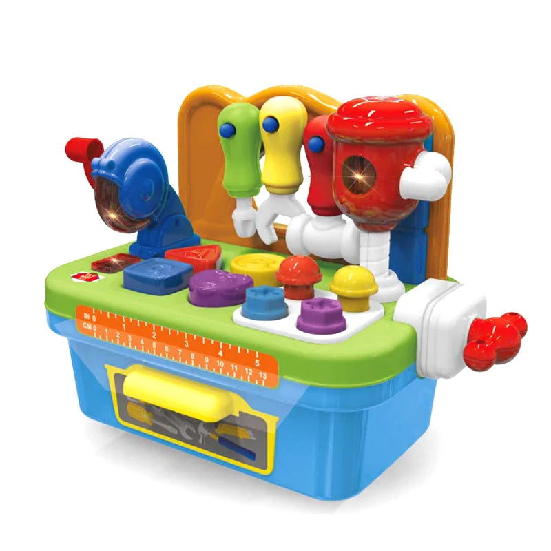 A colorful kids interactive toy drill set featuring various colored tools and a workbench.