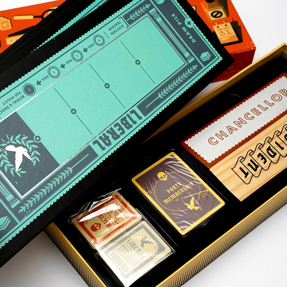 A box of Secret Hitle social deduction card game featuring a green and black board with slots for players.
