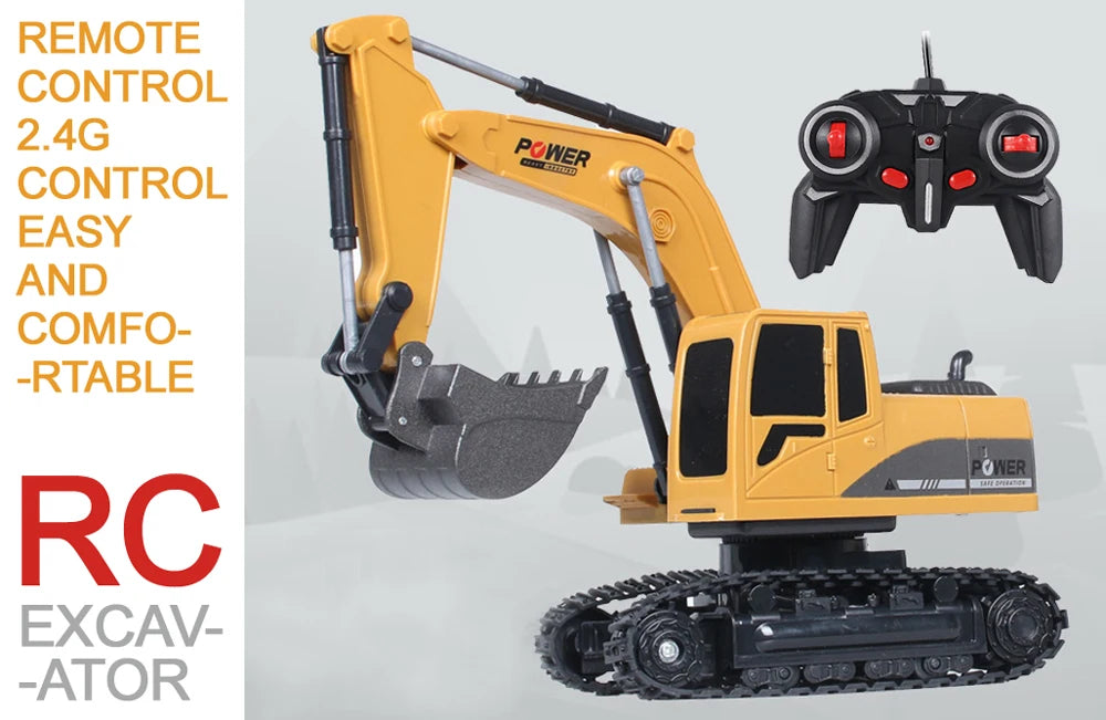 A yellow RC excavator with a black remote control and bucket is shown against a light gray background.
