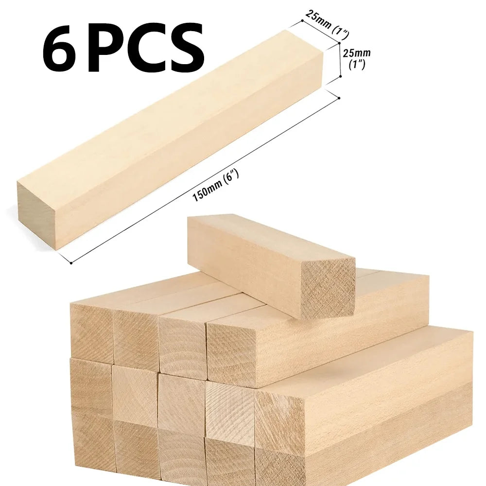Six light-colored basswood blocks, 150mm long, are shown next to a stack of similar wooden pieces.