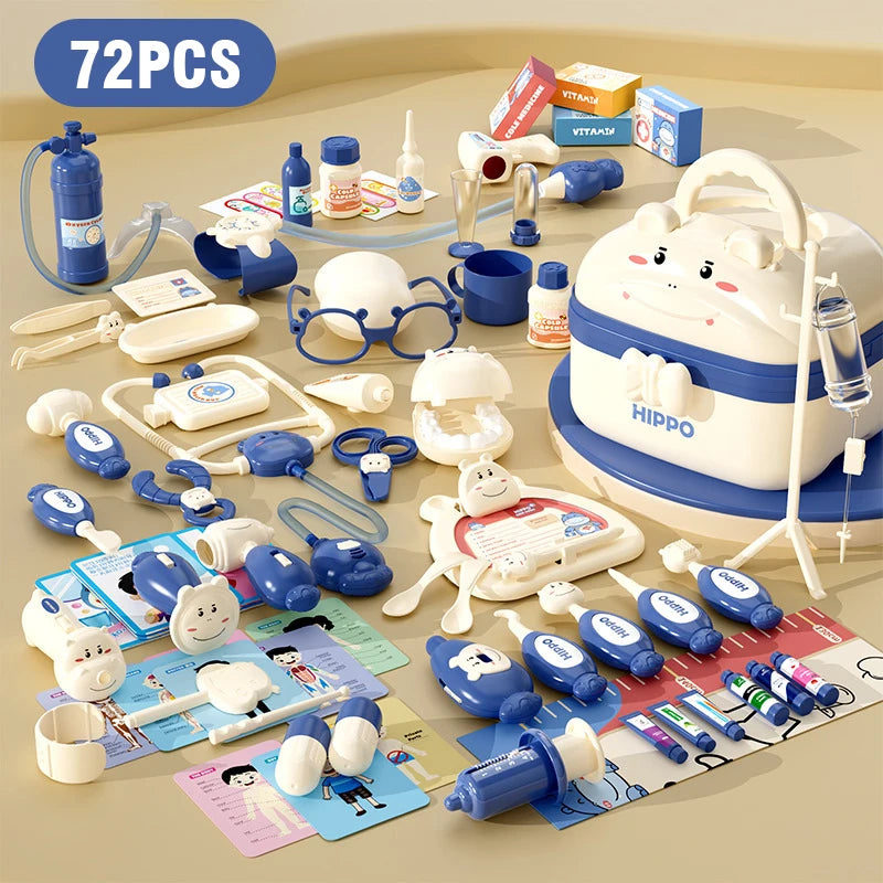 A set of 72 pieces of kids pretend play doctor kit with medical tools and a white carry case.