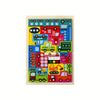 A wooden tangram puzzle set featuring various animals, vehicles, and sea life shapes in bright colors.