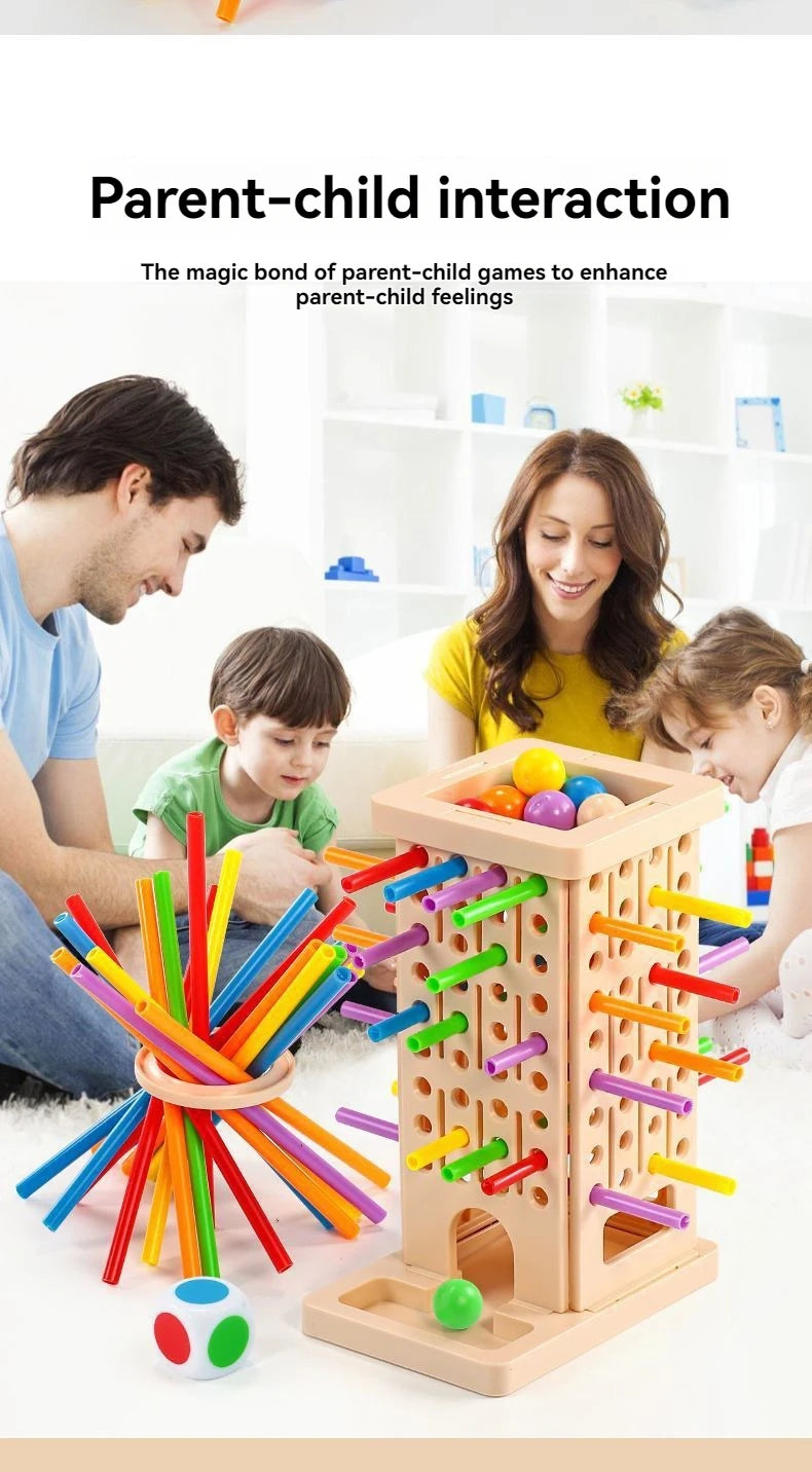 A wooden stacking tower game with colorful rods and balls is shown in a family interaction setting.