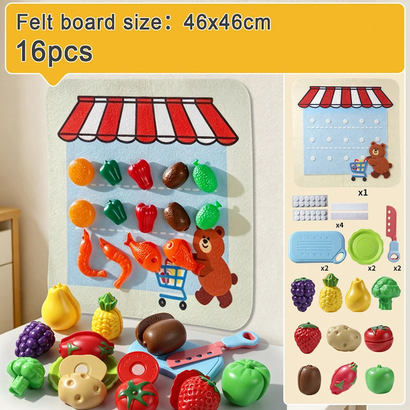 A felt board set featuring various fruits and vegetables like oranges, apples, berries, and gourds for pretend play.
