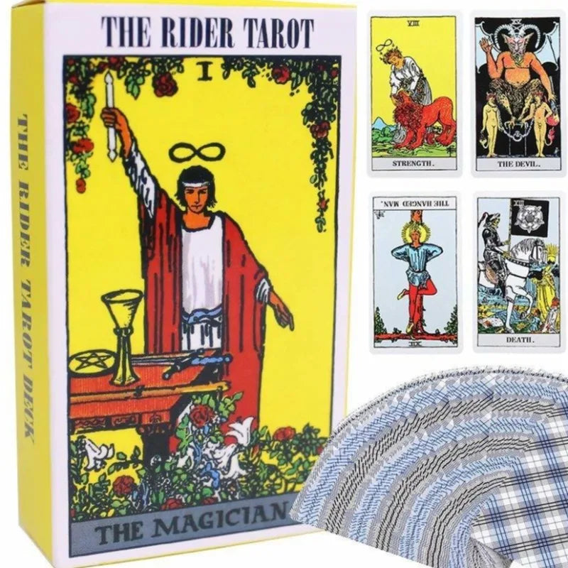 The Rider-Waite Tarot deck box featuring the Magician card and a plaid fabric.