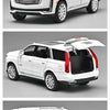 A white 1:32 scale diecast Cadillac Escalade pull-back model car shown in three views.