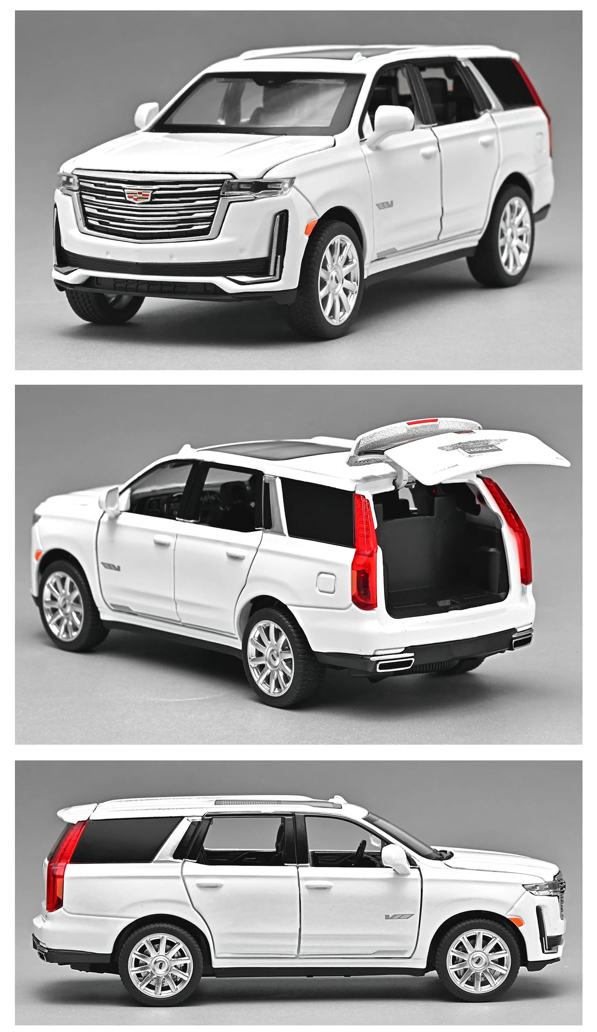 A white 1:32 scale diecast Cadillac Escalade pull-back model car shown in three views.