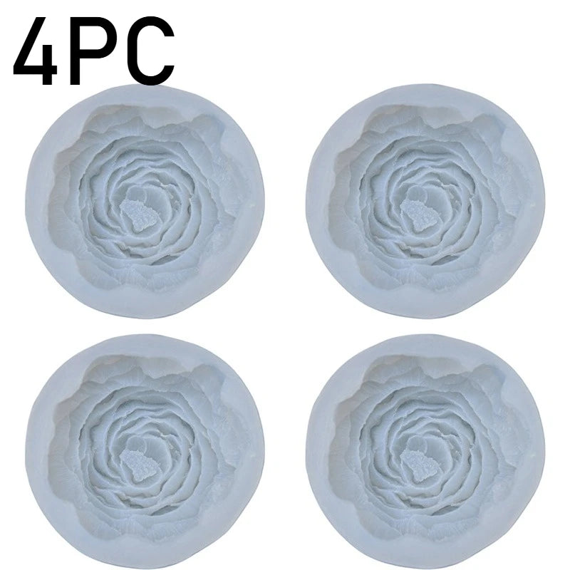 Four silicone molds shaped like peony flowers for baking, chocolate, soap, and craft projects