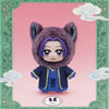 A plush blind box of a character wearing a purple hood and blue clothing against a pink background with green decorative bord