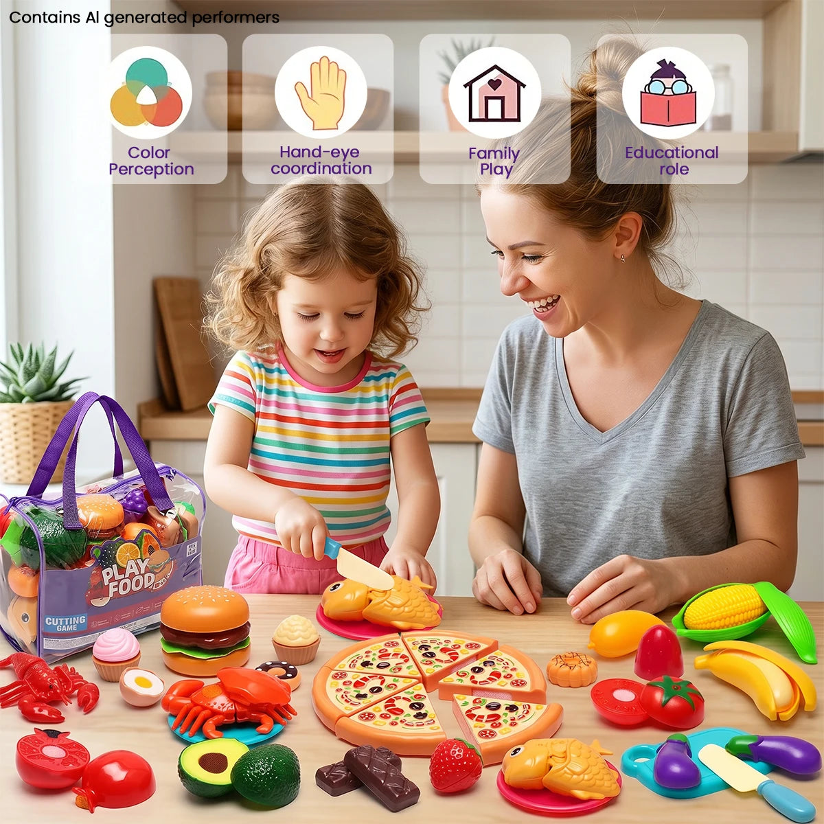 A colorful set of 81 pretend play food items including fruits, vegetables, and meats for children's play.