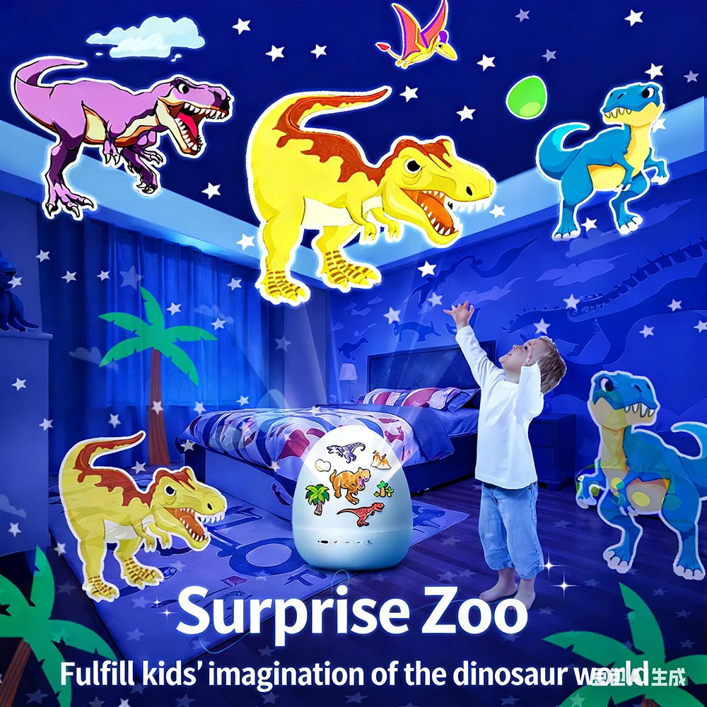 A dinosaur egg rotating star projection night light is displayed in a blue room setting.