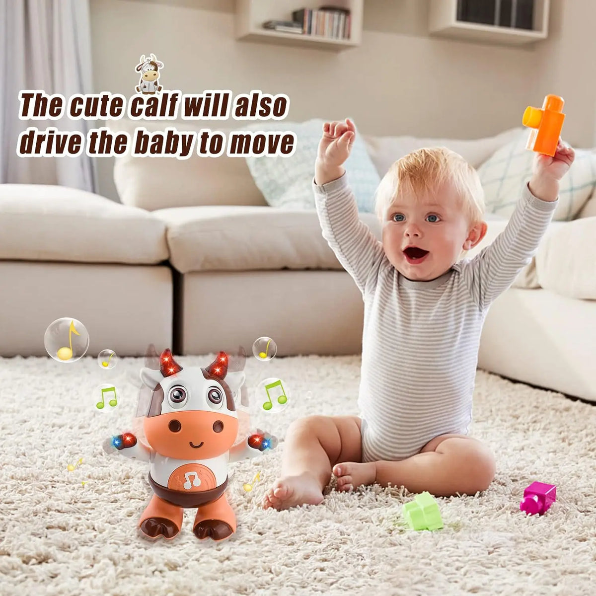 A baby is interacting with an interactive musical dancing cow plush toy while sitting on a white rug.