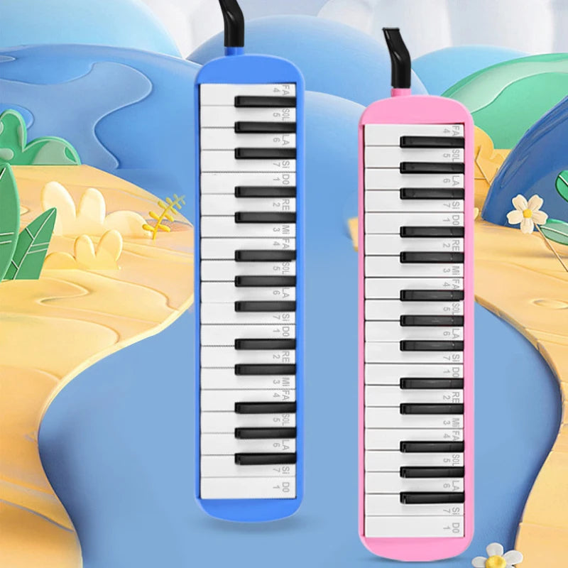 A pink 4-octave portable melodica keyboard with a carrying bag displayed against a blue and green background.