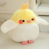 A fluffy yellow and white cartoon bird plush with pink accents.