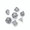 A set of seven 10mm transparent acrylic D6 dice showing various numbers and patterns.