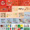 A collection of mini building blocks and food items including pizza, cake, and condiment bricks.