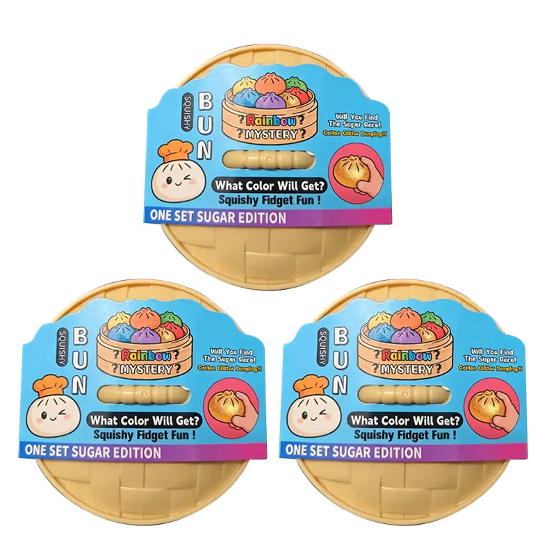A set of squishy fidget fun dumplings in a box with colorful packaging and a yellow tray.